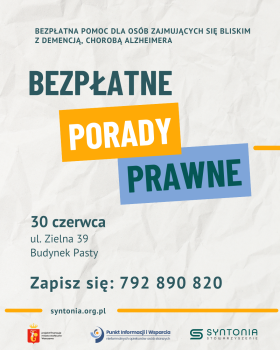 Zaproszenie na bezpłatne porady prawne dla opiekunów rodzinnych osób z demencją