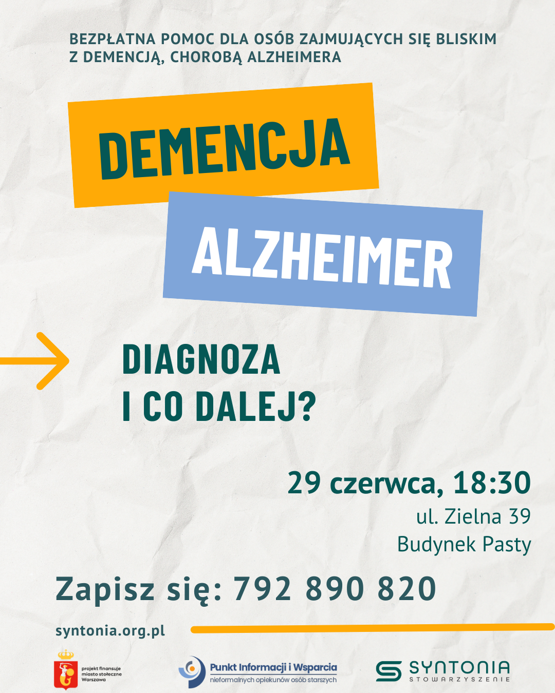 Zaproszenie na bezpłatne spotkanie o tym co robić po diagnozie demencji, alzheimera u bliskich