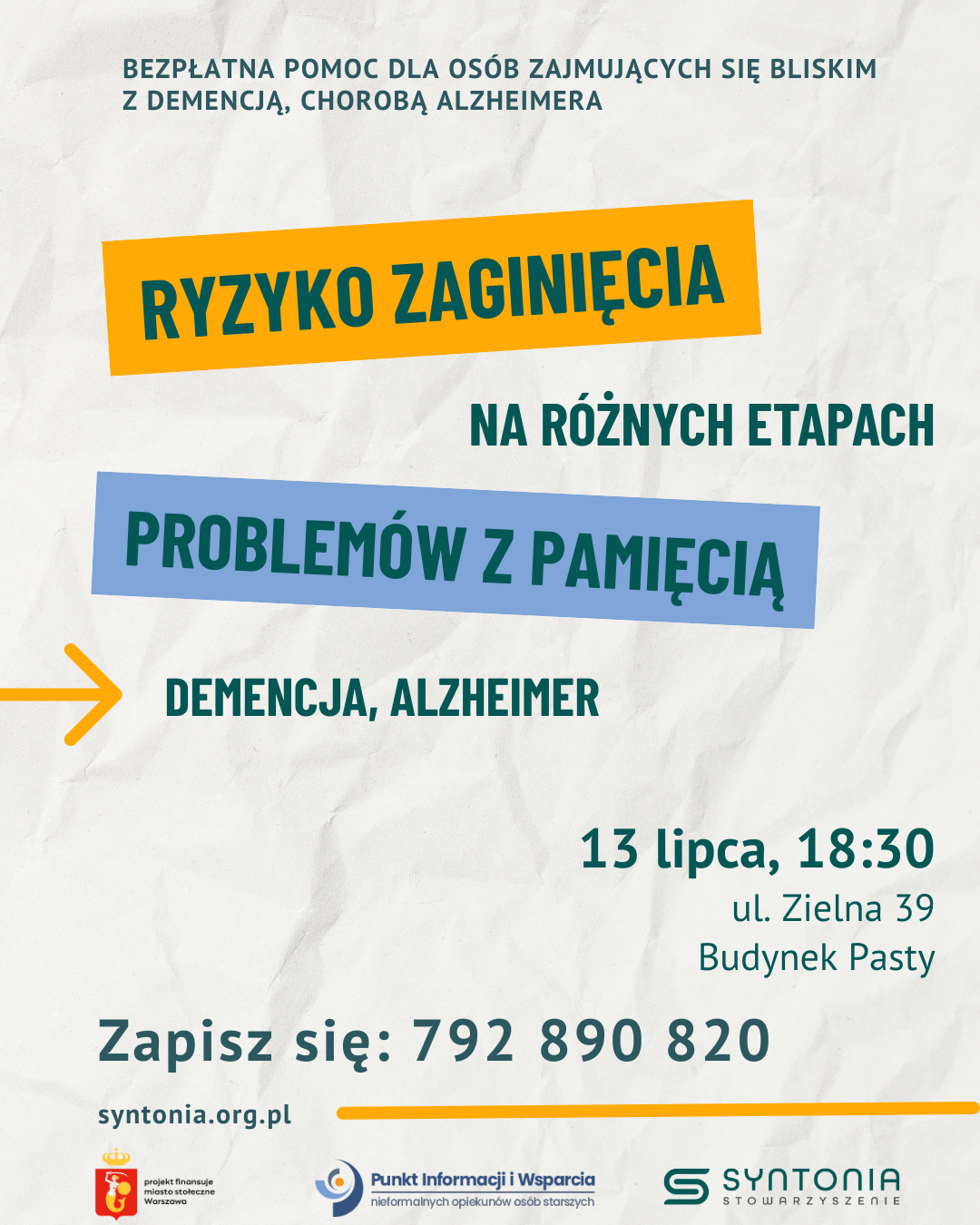 Zaproszenie na spotkanie dla opiekunów rodzinnych osób z demencją