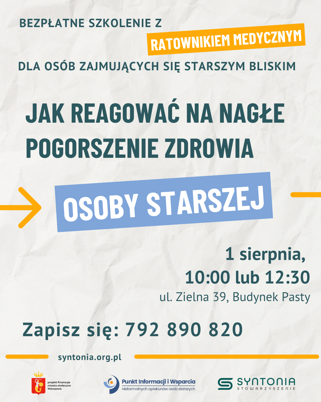 Zaproszenie na szkolenie z ratownikiem medycznym na temat udzielania pierwszej pomocy osobom starszym