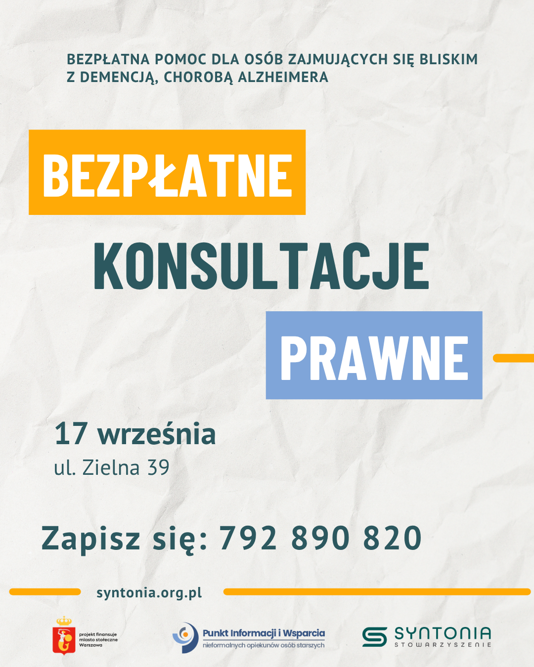 zaproszenie do skorzystania z bezpłatnych porad prawnych dla osób opiekujących się bliskim z demencją