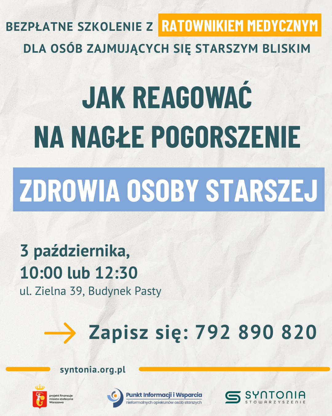 Zaproszenie na bezpłatne szkolenie z ratownikiem medycznym dla osób zajmujących się starszym bliskim