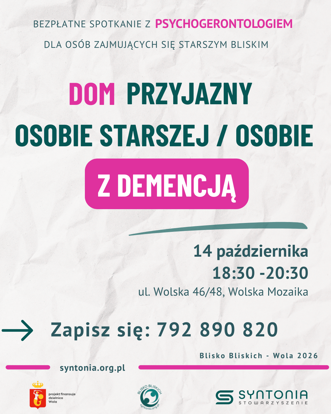 zaproszenie na bezpłatne spotkanie dla opiekunów rodzinnych na temat jak przystosować dom do osoby z demencją