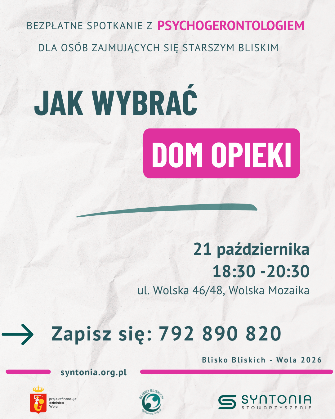 zaproszenie dla opiekunów rodzinnych na bezpłatne spotkanie odnośnie domu opieki dla bliskiego z demencją