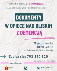 zaproszenie na spotkanie z prawnikiem na temat dokumentów w opiece nad osobą z demencją
