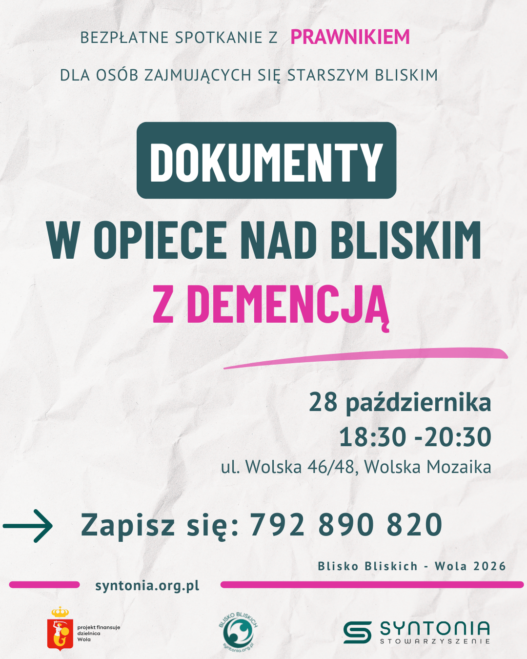 zaproszenie na spotkanie z prawnikiem na temat dokumentów w opiece nad osobą z demencją