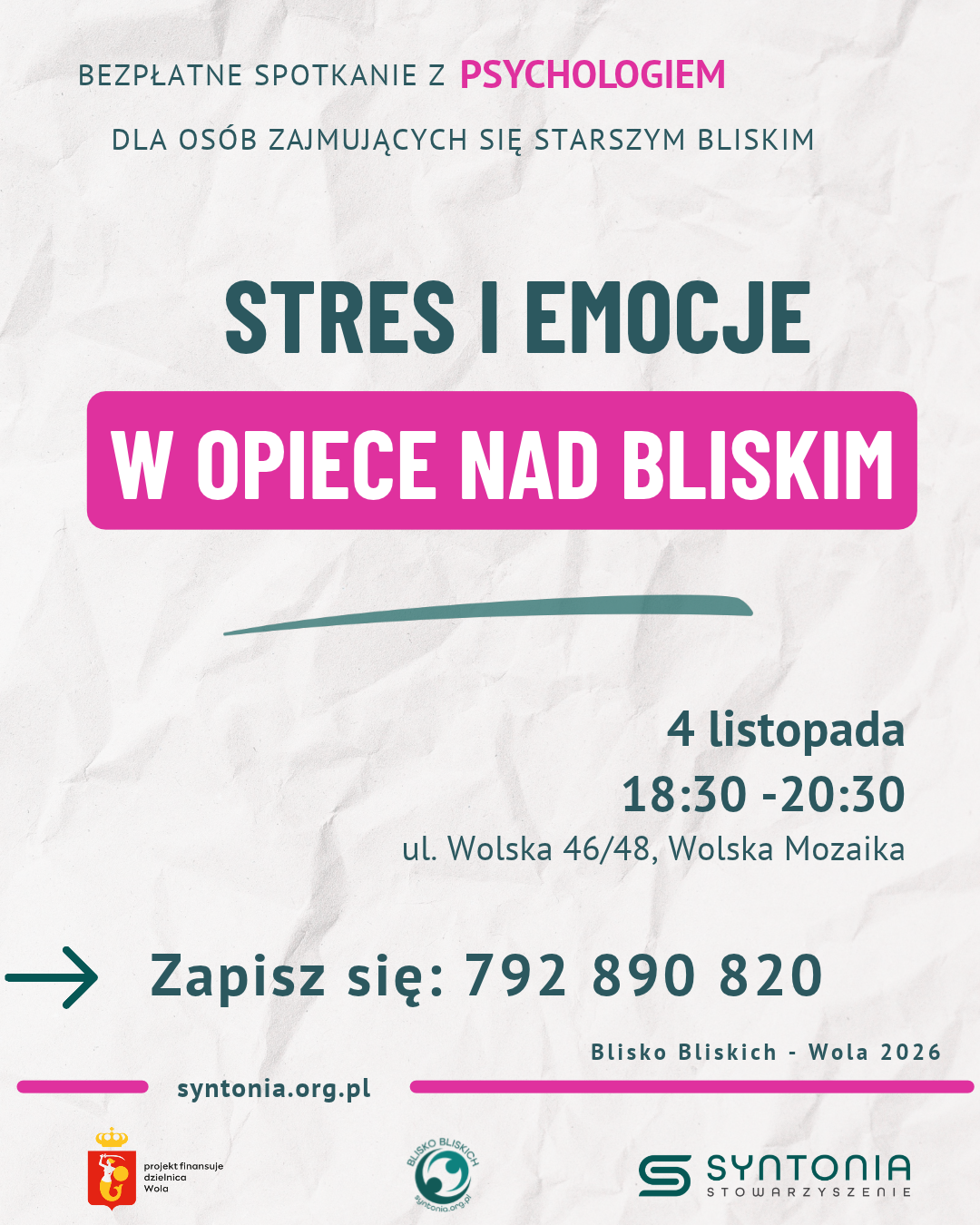 Zaproszenie na spotkanie dla opiekunów rodzinnych na temat emocji w opiece nad bliskim